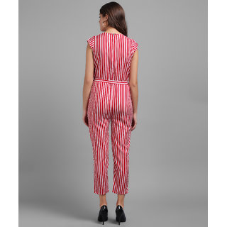 Vivient Women Red Stripe Printed Front Knot Jumpsuits