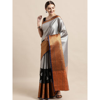 Vastranand Silver-Coloured & Black Silk Blend Colourblocked Kanjeevaram Saree - Sarees | Buy online on ZillyBuy