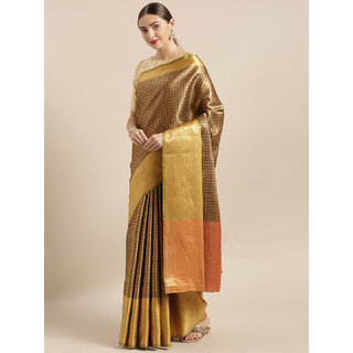 Vastranand Brown & Gold-Coloured Silk Blend Woven Design Kanjeevaram Saree - Sarees | Buy online on ZillyBuy