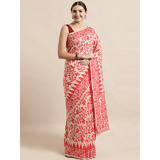 Meia Beige & Red Silk Cotton Woven Design Jamdani Saree - Sarees | Buy online on ZillyBuy