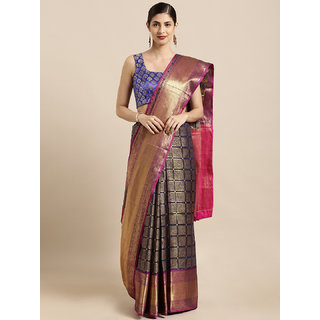 Meia Navy Blue & Golden Silk Blend Woven Design Kanjeevaram Saree - Sarees | Buy online on ZillyBuy