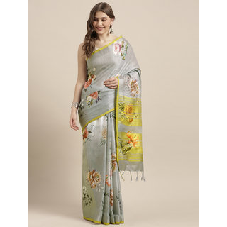 Meia Grey & Yellow Linen Blend Flower Angolla Digital Printed Saree - Sarees | Buy online on ZillyBuy
