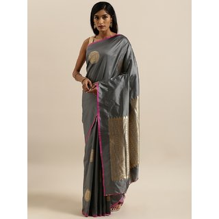Meia Grey & Gold-Toned Silk Blend Printed Banarasi Saree - Sarees | Buy online on ZillyBuy