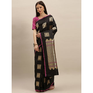 Meia Black & Gold-Toned Silk Blend Woven Design Kanjeevaram Saree - Sarees | Buy online on ZillyBuy