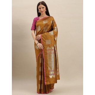 Meia Mustard Yellow & Gold-Toned Silk Blend Woven Design Kanjeevaram Saree - Sarees | Buy online on ZillyBuy