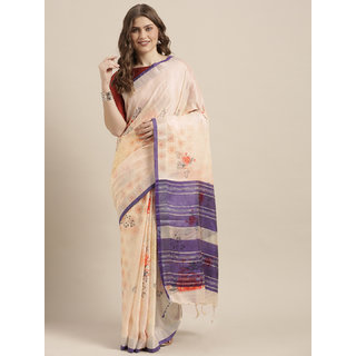 Meia Cream-Coloured & Purple Linen Blend Printed Saree - Sarees | Buy online on ZillyBuy