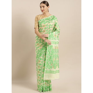 Meia Cream-Coloured & Green Silk Cotton Woven Design Jamdani Saree - Sarees | Buy online on ZillyBuy