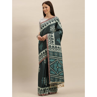 Meia Grey & Blue Linen Blend Printed Bagru Saree - Sarees | Buy online on ZillyBuy