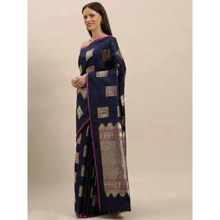 Meia Navy Blue & Gold-Toned Silk Blend Woven Design Kanjeevaram Saree - Sarees | Buy online on ZillyBuy