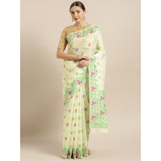 Meia Cream-Coloured & Green Silk Cotton Woven Design Jamdani Saree - Sarees | Buy online on ZillyBuy