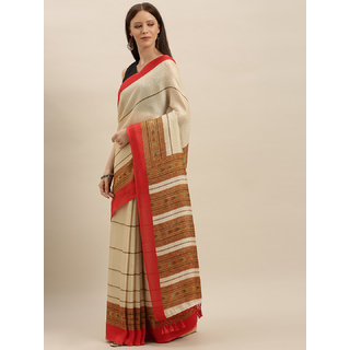 Meia Off-White & Brown Jute Silk Striped Saree - Sarees | Buy online on ZillyBuy
