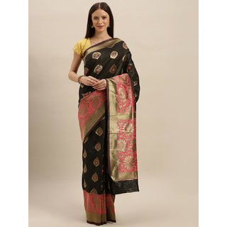 Meia Black & Pink Silk Blend Woven Design Banarasi Saree - Sarees | Buy online on ZillyBuy