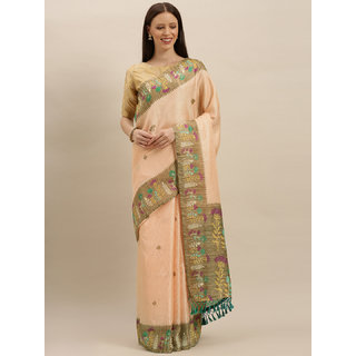 Meia Peach-Coloured & Brown Jute Silk Printed Paithani Saree - Sarees | Buy online on ZillyBuy