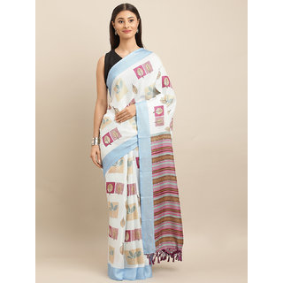Meia White & Blue Jute Silk Printed Saree - Sarees | Buy online on ZillyBuy
