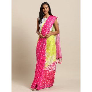 Meia Pink & Lime Green Linen Blend Printed Bandhani Saree - Sarees | Buy online on ZillyBuy