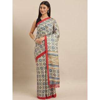 Meia Beige & Navy Blue Jute Silk Printed Patola Saree - Sarees | Buy online on ZillyBuy