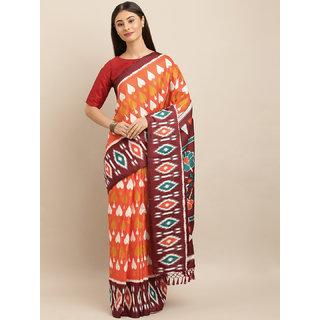 Meia Orange & White Linen Blend Printed Ikat Saree - Sarees | Buy online on ZillyBuy