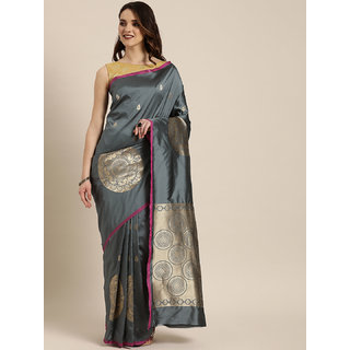 Meia Grey & Gold-Toned Silk Blend Woven Design Banarasi Saree - Sarees | Buy online on ZillyBuy