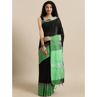 Meia Black & Green Solid Angolla Linen Blend Saree - Sarees | Buy online on ZillyBuy