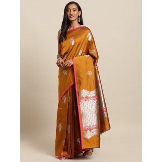 Meia Mustard Yellow & Silver-Coloured Silk Blend Woven Design Kanjeevaram Saree - Sarees | Buy online on ZillyBuy