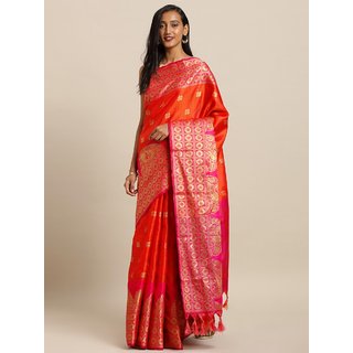 Meia Orange & Gold-Toned Silk Blend Woven Design Kanjeevaram Saree - Sarees | Buy online on ZillyBuy