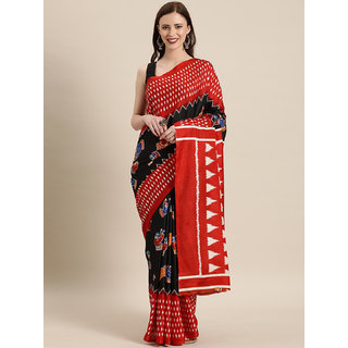 Meia Black & Red Linen Blend Kalamkari Printed Chanderi Saree - Sarees | Buy online on ZillyBuy