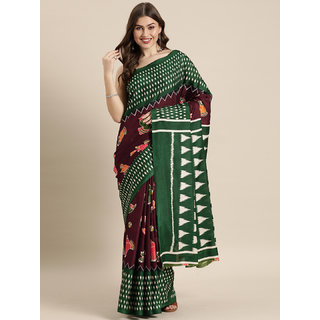 Meia Coffee Brown & Green Linen Blend Kalamkari Printed Chanderi Saree - Sarees | Buy online on ZillyBuy
