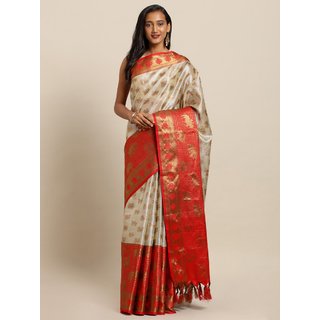 Meia Silver-Coloured & Red Silk Blend Woven Design Kanjeevaram Saree - Sarees | Buy online on ZillyBuy