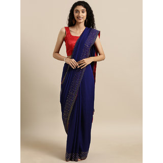Meia Navy Blue Solid Vichitra Poly Silk Saree with Embellished Border - Sarees | Buy online on ZillyBuy