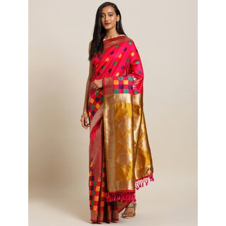 Meia Pink & Mustard Yellow Silk Blend Woven Design Banarasi Saree - Sarees | Buy online on ZillyBuy