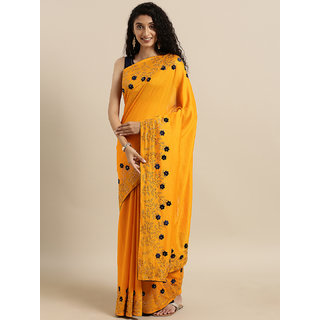 Meia Mustard Yellow Vichitra Poly Silk Solid Saree with Embellished Border - Sarees | Buy online on ZillyBuy