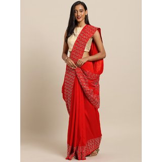 Meia Red Solid Poly Silk Saree With Embellished Border - Sarees | Buy online on ZillyBuy