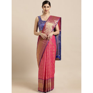 Meia Pink & Golden Silk Blend Woven Design Kanjeevaram Saree - Sarees | Buy online on ZillyBuy