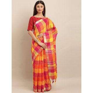 Meia Yellow & Pink Linen Blend Checked Saree - Sarees | Buy online on ZillyBuy