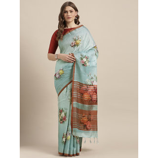 Meia Blue & Orange Linen Blend Printed Saree - Sarees | Buy online on ZillyBuy