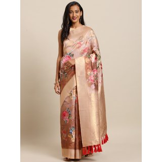 Meia Brown & Pink Silk Blend Printed Banarasi Saree - Sarees | Buy online on ZillyBuy