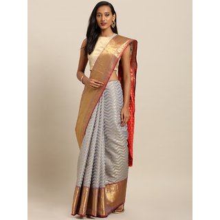 Meia Grey & Gold-Toned Silk Blend Woven Design Kanjeevaram Saree - Sarees | Buy online on ZillyBuy