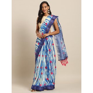 Meia Blue & White Linen Blend Printed Shibori Saree - Sarees | Buy online on ZillyBuy