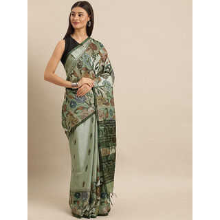 Meia Green & Black Linen Blend Digital kalamkari Printed Saree - Sarees | Buy online on ZillyBuy