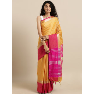 Meia Mustard Yellow & Pink Linen Blend Solid Saree - Sarees | Buy online on ZillyBuy