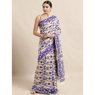 Meia Cream-Coloured & Purple Silk Cotton Woven Design Jamdani Saree - Sarees | Buy online on ZillyBuy
