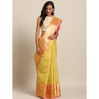Meia Yellow & Gold-Toned Silk Blend Woven Design Kanjeevaram Saree - Sarees | Buy online on ZillyBuy