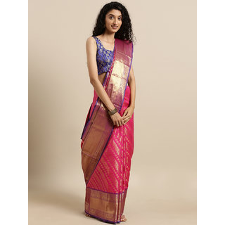Meia Pink & Blue Silk Blend Woven Design Kanjeevaram Saree - Sarees | Buy online on ZillyBuy