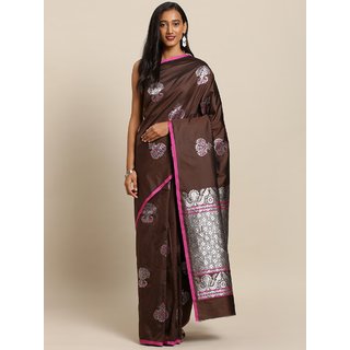 Meia Coffee Brown & Silver-Coloured Silk Blend Woven Design Kanjeevaram Saree - Sarees | Buy online on ZillyBuy