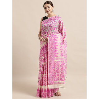 Meia Cream-Coloured & Pink Silk Cotton Woven Design Jamdani Saree - Sarees | Buy online on ZillyBuy
