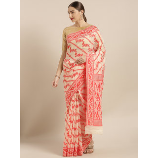 Meia Beige & Red Silk Cotton Woven Design Jamdani Saree - Sarees | Buy online on ZillyBuy