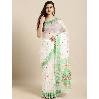 Meia White & Green Silk Cotton Woven Design Jamdani Saree - Sarees | Buy online on ZillyBuy