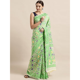 Meia Cream-Coloured & Green Silk Cotton Woven Design Jamdani Saree - Sarees | Buy online on ZillyBuy