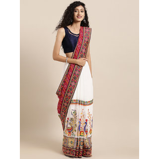 Meia White & Pink Pure Georgette Embroidered Bandhani Saree - Sarees | Buy online on ZillyBuy