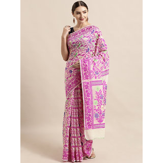Meia Cream-Coloured & Pink Silk Cotton Woven Design Jamdani Saree - Sarees | Buy online on ZillyBuy